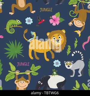 Seamless pattern with cute animals from the jungle Stock Vector