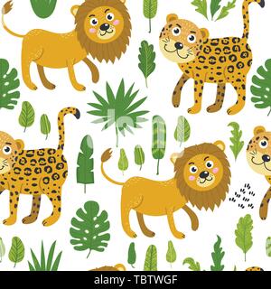 Seamless pattern with cute lions and leopards Stock Vector