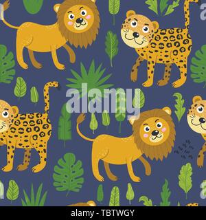 Seamless pattern with cute lions and leopards Stock Vector