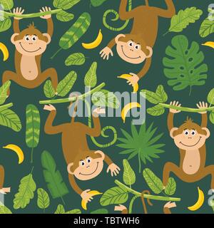 Seamless pattern with cute monkeys from the jungle Stock Vector