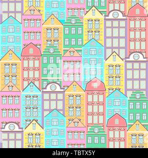 Colorful houses seamless pattern, city background, urban landscape. Multicolored bright European brick house, flat drawing, architecture ornament, vec Stock Vector