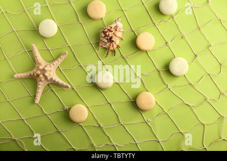 Tasty macarons with starfish and seashell on color background Stock Photo