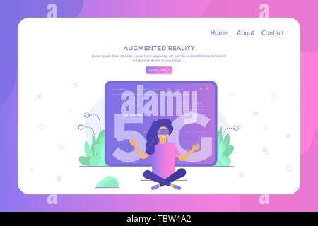High-speed mobile 5G technology concept with characters. Communication wireless network systems and internet. Template for website, landing page, web  Stock Vector