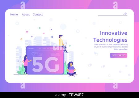 High-speed mobile 5G technology concept with characters. Communication wireless network systems and internet. Template for website, landing page, web  Stock Vector