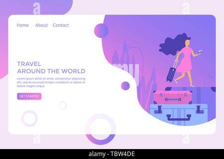 Set of baggage, laggage and young cute women. Travel and tourism concept for website user interface template, online booking reservation, landing page Stock Vector