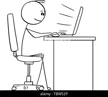 Vector cartoon stick figure drawing conceptual illustration of man or businessman sitting behind desk and typing or working on computer. Stock Vector