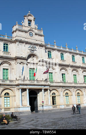Catania, Sicily, Italy - Apr 10th 2019: Beautiful historical building of Catania University built in Baroque style. The Sicilian oldest university. Captured on vertical picture.