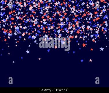 July 4th pattern made of stars. Red, blue and white confetti falling from the sky, colorful backdrop in abstract style. Vector illustration on blue ba Stock Vector