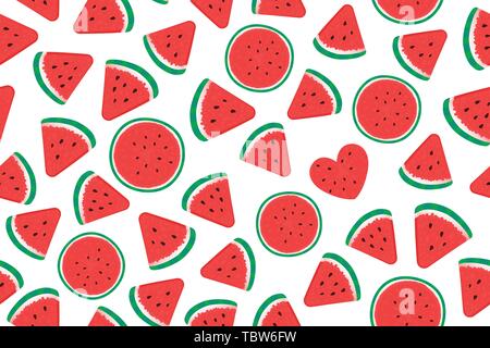 Summer Watermelon pieces Wide Seamless pattern surface design. Vector illustration isolated on white Stock Vector