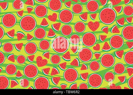 Summer Watermelon pieces. Wide Seamless pattern. Vector illustration on green striped texture Stock Vector