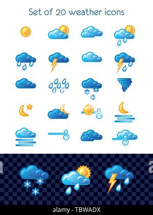 Set of 20 weather icons on white and transparent background. Vector illustration. Stock Vector