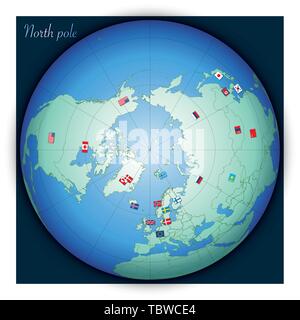 North pole global map with country flags, vector illustration Stock Vector
