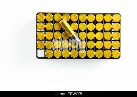 Box of 50 pieces of 0.22 small rim fire ammunition on white background Stock Photo