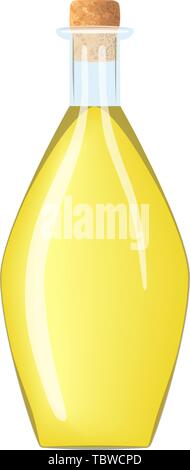 Glass wine empty bottle with cork and yellow liquid. tranparent icy-white decanter on white background. Flask for juice, wine, beer, spirits, oil, alc Stock Vector