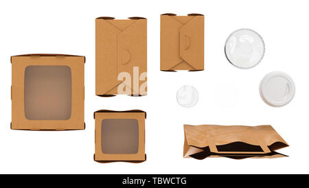 Packaging food box cardboard brown open and closed on white isolated background, top view. 3D rendering Stock Photo