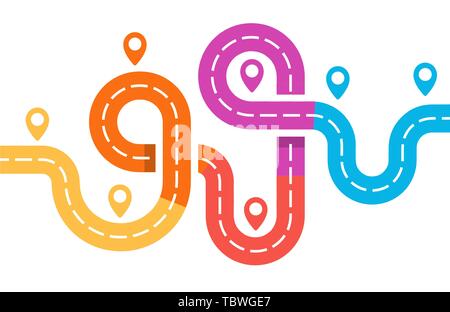 Roadway with pin, Road junction map, infographic element, bright colorful vector illustration on white background. Stock Vector