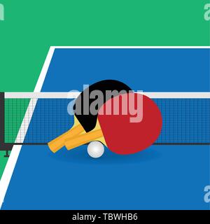 Table tennis rackets and ball neat the net Stock Vector