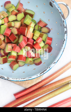 Rheum rhabarbarum. Chopped Rhubarb in a colander Stock Photo