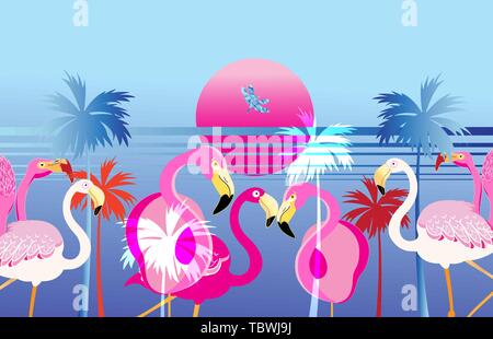 Vector pink flamingos on a tropical island with the sun Stock Vector