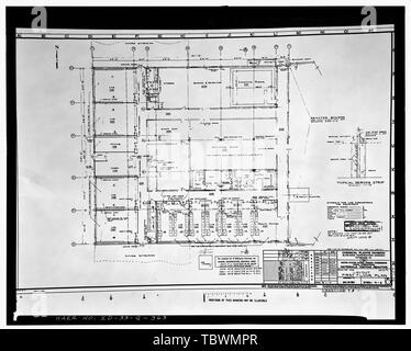 MTR WING, TRA604. FIRST FLOOR PLAN. ENTRY LOBBY, MACHINE SHOP, INSTRUMENT SHOP, COUNTING ROOM, HEALTH PHYSICS LAB, LABS AND OFFICES, STORAGE, SHIPPING AND RECEIVING. BLAWKNOX 315042, 71950. INL INDEX NO. 05360400099100008, REV. 7.  Idaho National Engineering Laboratory, Test Reactor Area, Materials and Engineering Test Reactors, Scoville, Butte County, ID Stock Photo