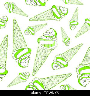 Vector seamless pattern. Endless texture in UFO green and white colors with ice creams in waffle cones.Background with ice creams isolated on a white Stock Vector