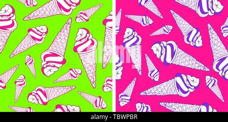 Set of vector seamless patterns. Endless textures with hand drawn ice creams in waffle cones. Textures with pink and proton purple ice creams isolated Stock Vector