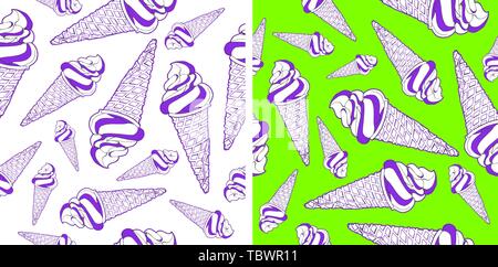 Set of vector seamless patterns. Endless textures with hand drawn ice creams in waffle cones. Textures with proton purple ice creams isolated on UFO Stock Vector