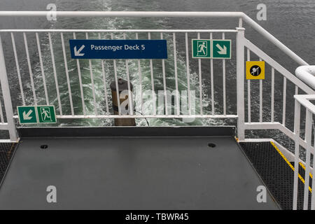 Signs and directions on the back of the ferry pointing to lower decks heading up the Inside Passage, Canada, nobody in the image Stock Photo