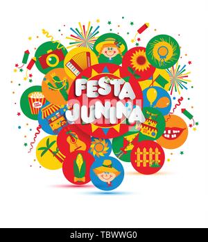 Festa Junina village festival in Latin America. Icons set illustration. Stock Vector