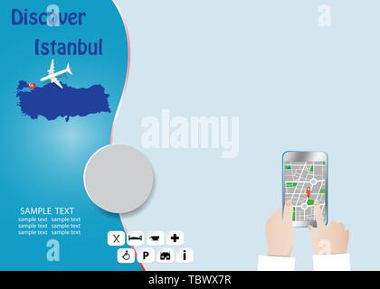 Discover Istanbul concept with plane flying over map of Turkey. Tourist hands are holding a smart phone showing city map in the empty right side of th Stock Vector