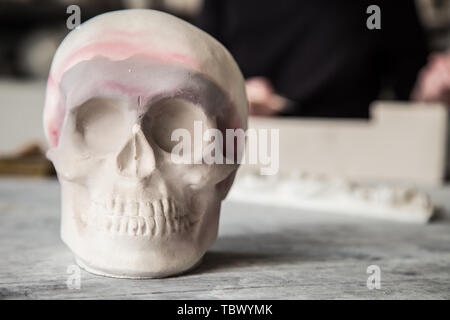 White plaster human skull on a blurred background. Copy space. Stock Photo