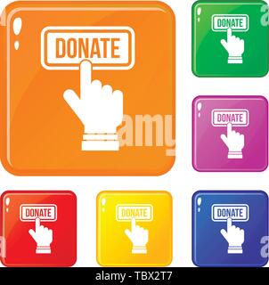 Hand presses button to donate icons set vector color Stock Vector