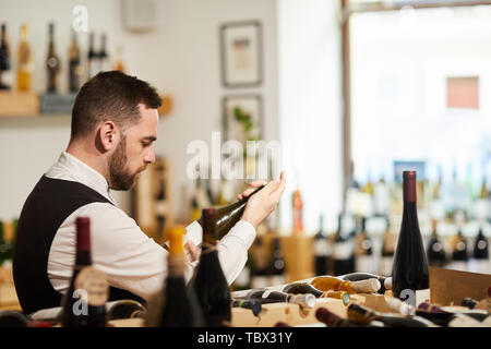 Side view portrait of professional sommelier choosing wine in vineyard or winery, copy space Stock Photo