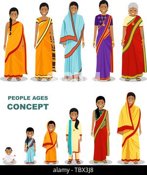 East people generations at different ages isolated on white background in flat style. Indian woman aging: baby, child, teenager, young, adult, old Stock Vector