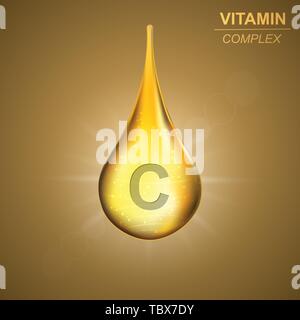 Vitamin C gold shining drop icon .Ascorbic acid Vitamin complex background Stock Vector