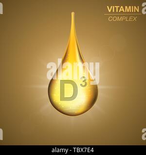 Vitamin D3 gold shining drop icon .Cholecalciferol Vitamin complex background Stock Vector