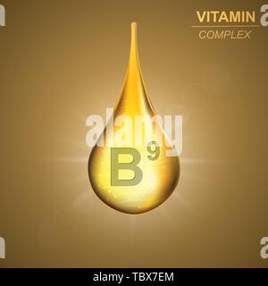 Vitamin B9 gold shining drop icon .Folic acid Vitamin complex background Stock Vector