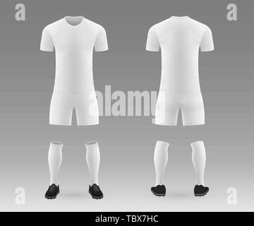3D realistic template soccer kit with jersey, pants and socks on shop backdrop. Mockup of football team uniform Stock Vector