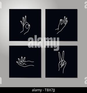 Woman's hand line collection . Vector Illustration of female hands of different gestures - victory, okay. Lineart in a trendy minimalist style. Logo design, hand cream, nail Studio, posters, cards. Stock Vector