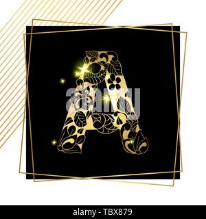 Golden Floral Ornamental Alphabet, Initial Letter A Font with Modern Stylized Frames. Abstract Lines Poster. Vector Typography Symbol for Gold Wedding. Monograms Isolated Design on Black Background Stock Vector