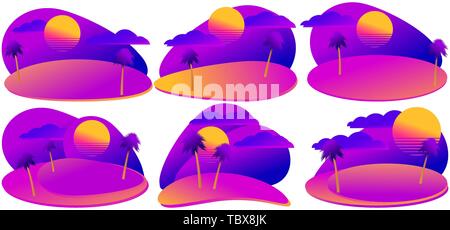 Summer sunset landscape with fluid gradient violet color. Set of banners with exotic scenery in the 80s style. Vector illustration Stock Vector