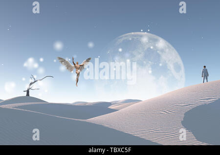 Surreal white desert with dry tree, big moon at the horizon. Man in white suit and bowler stands on a sand dune. Man with wings represents angel Stock Photo