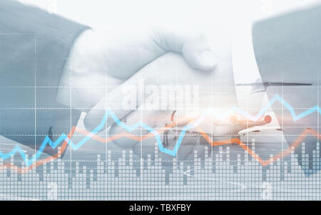 Double exposure of city and rows of coins with stock and financial graph on virtual screen. Business Investment concept.