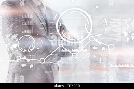 Creative digital abstract business interface background. Financial chart graph diagram and icon on virtual screen. Double exposure. Stock Photo
