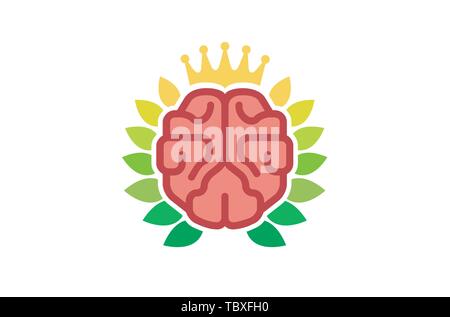 Creative Brain Crown King Leaves Logo Vector Symbol Design Illustration Stock Vector
