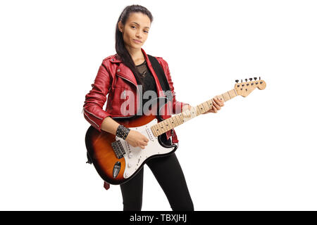 Young woman in a leather jacket playing a bass guitar isolated on white background Stock Photo