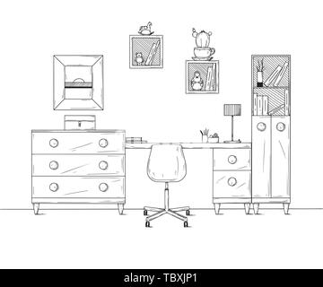 Sketch the room. Office chair, desk, various objects on the table. Sketch workspace. Vector illustration Stock Vector