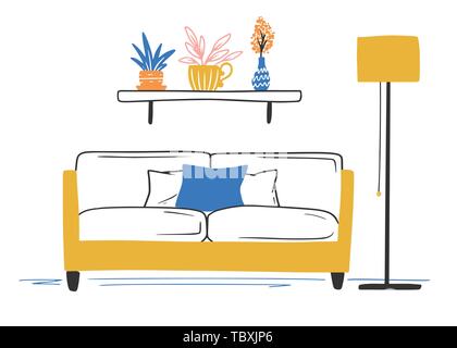 Interior in Scandinavian style. Part of the room. Hand drawn vector illustration of a sketch style. Stock Vector