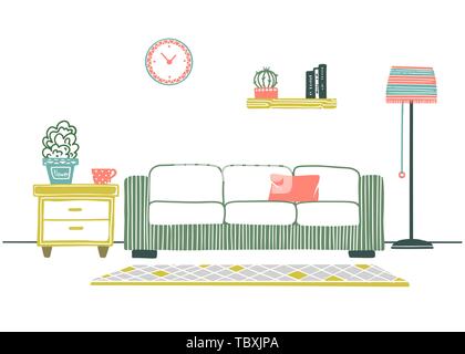 Interior in Scandinavian style. Part of the room. Hand drawn vector illustration of a sketch style. Stock Vector