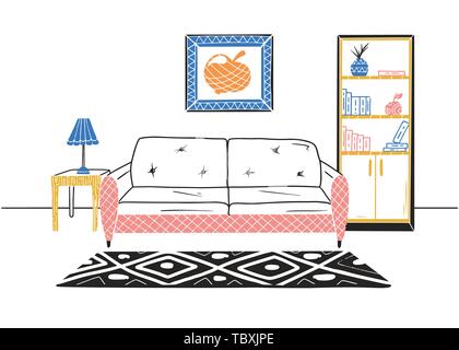 Interior in Scandinavian style. Part of the room. Hand drawn vector illustration of a sketch style. Stock Vector